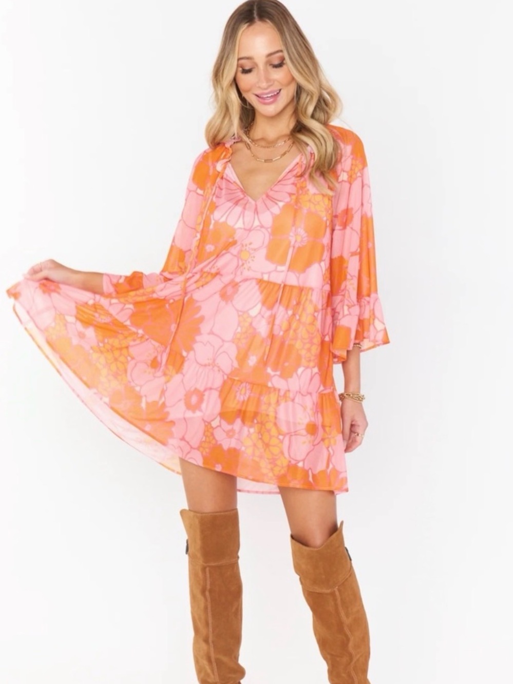 Show Me Your MuMu Pink & Orange Floral V-Neck ViolaTiered Mini Dress